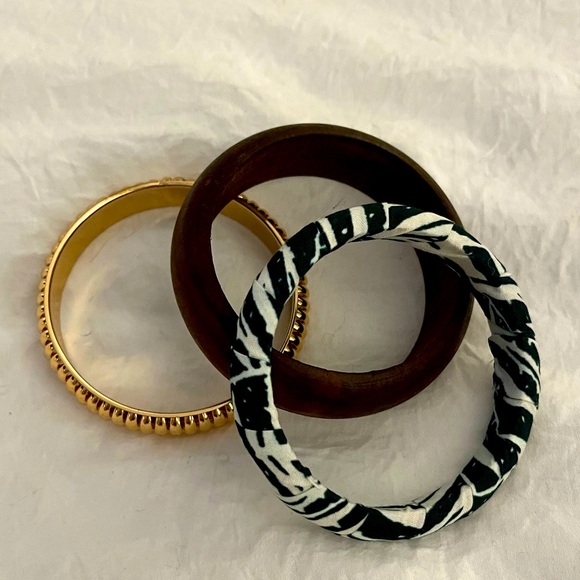 Set of 3 Plunder bracelets solid wood bracelet Gold Bangle fabric wrap bracelet - Picture 1 of 5